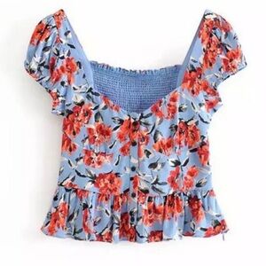 Zara Blue Floral Puff Sleeve Peplum Top XL Cottagecore Smocked Back